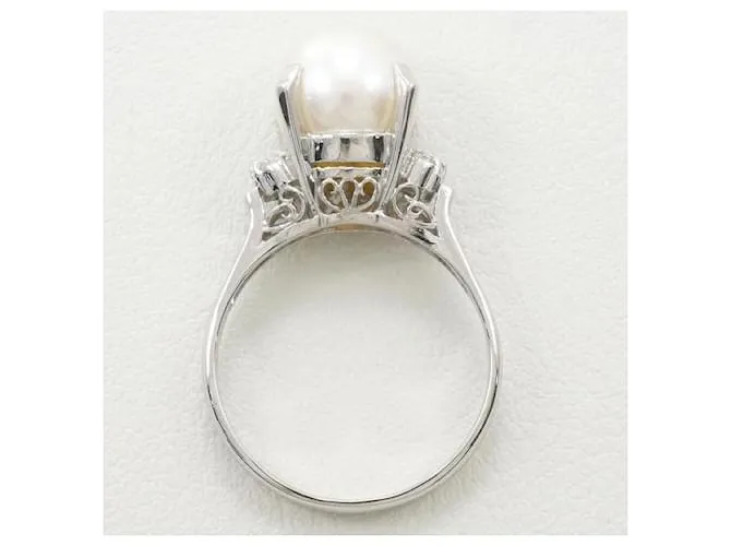 & Other Stories Anillo de platino PT900 con perla de 9 mm y diamante de 0.08 ct en excelente estado Plata 