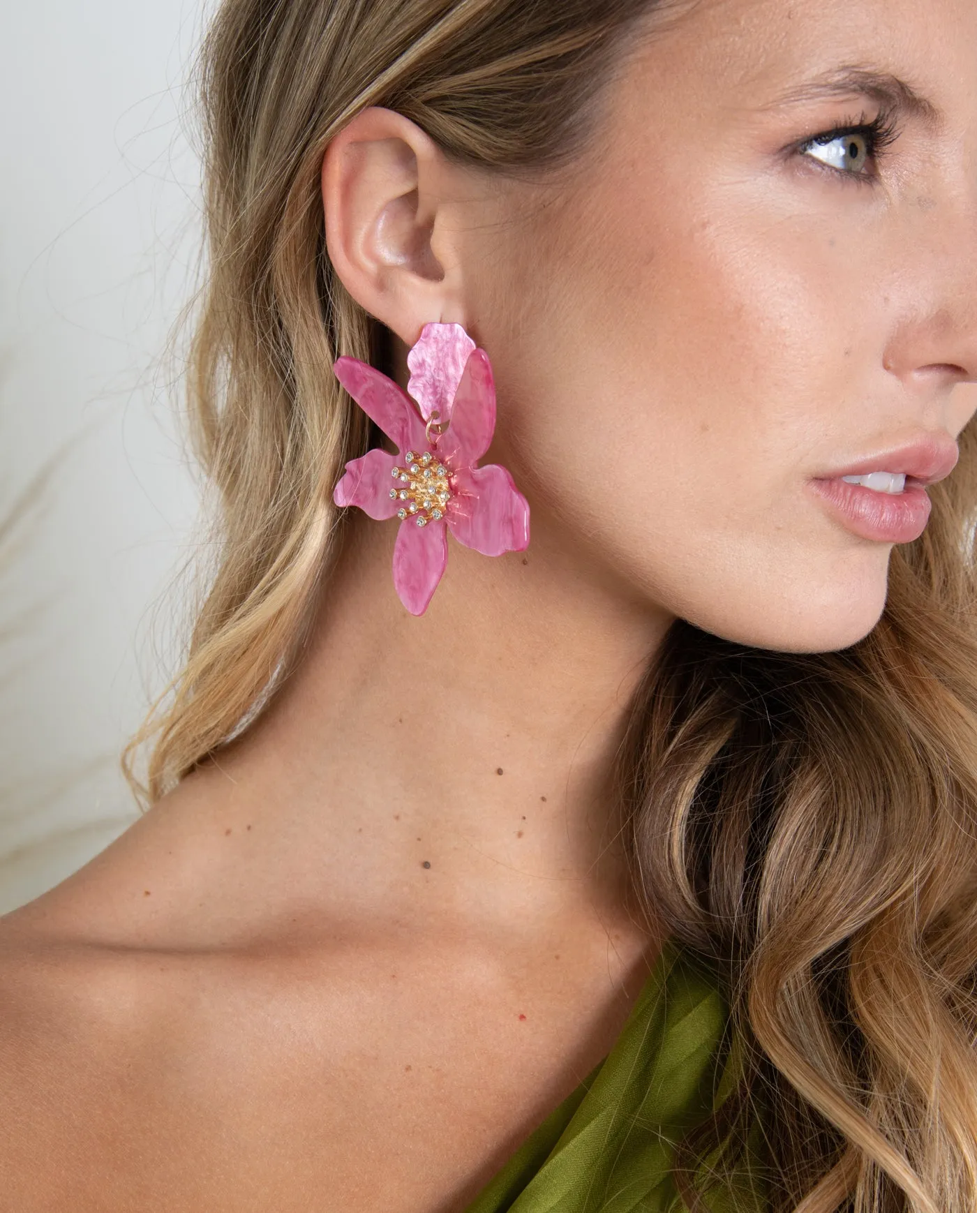 Aros Maxi Flor y Brillos Rosado Intenso