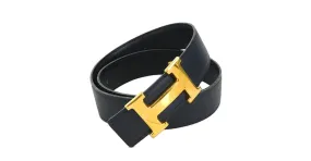 Cinturón de cuero box Calf de Hermès Constance Negro Dorado 