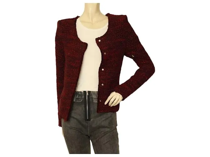 IRO Molly Chaqueta tipo cárdigan de lana de punto burdeos con hombros acolchados sz 0 