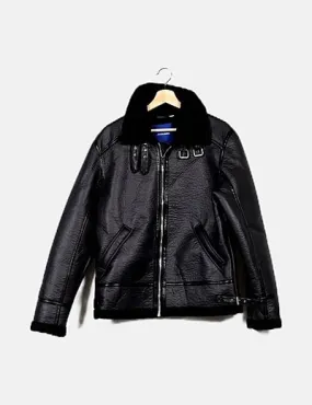 Jack & Jones Cazadora biker negra borrego interior