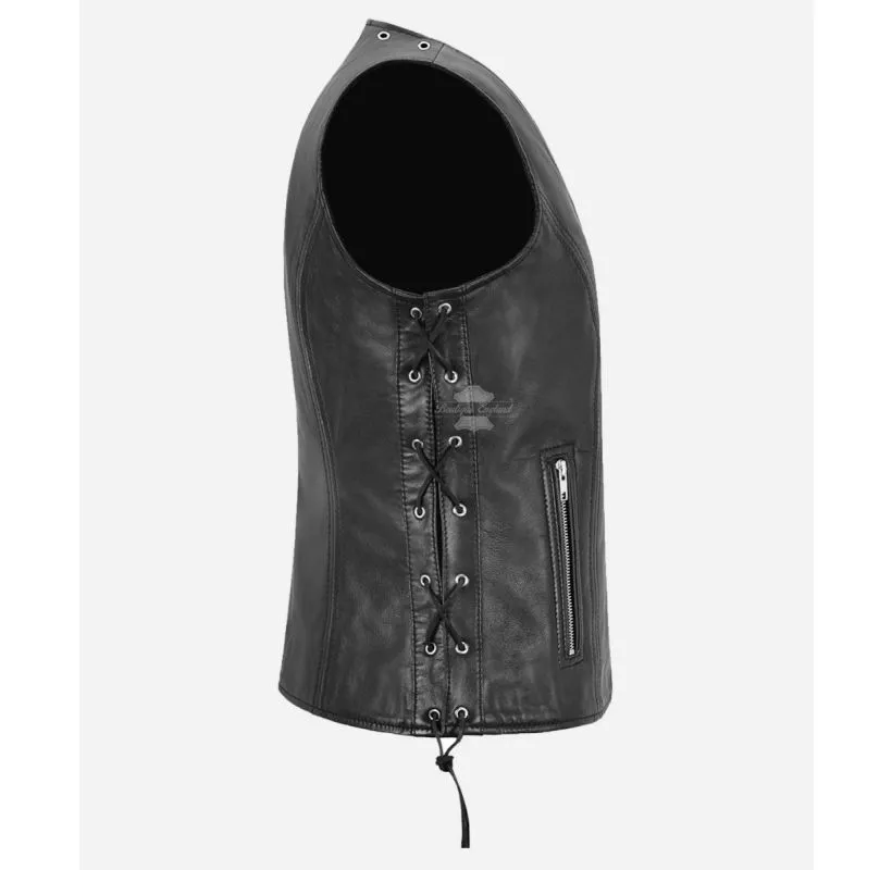 Ladies Punk Waistcoat Laced Sides Eyelets Studs Biker Gothic Leather Vest
